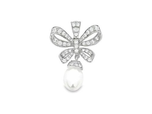 18K White Gold Bow Pendant with Natural Pearl and Natural Diamonds